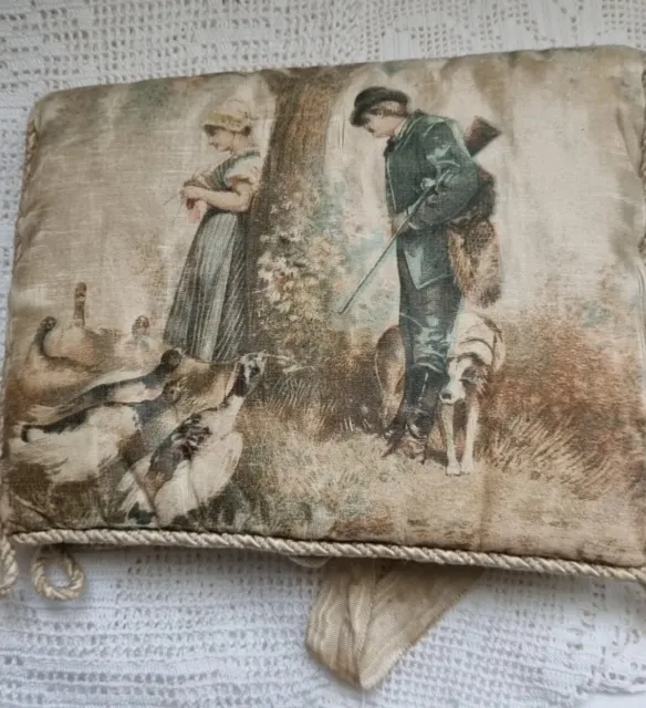 Antique FRENCH SILK SCREEN PAINTED PRINTED HANDKERCHIEF POUCH