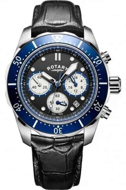 Rotary Chronograph Watch Blue Bezel Black Leather Strap GS00092/04 NEW