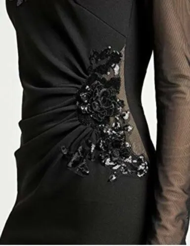 Bnwt Lipsy Size 8 Black 3D Flower Sequin Long Sleeve Bodycon Dress New Party