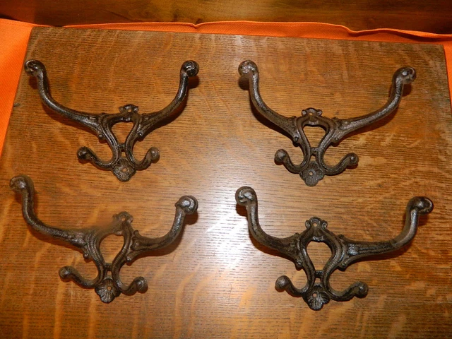 Set/4 Rustic 7" Cast Iron 4-Hook Coat Hook Rack Hall Tree, Mirror, Lodge Cabin