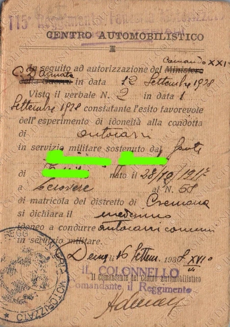 1938 Centro Automobilistico 115 Reggimento Fanteria Motorizzato Tessera