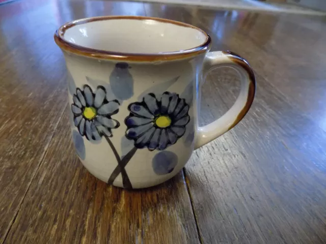 Vtg Otagiri Style Stoneware Blue Daisy Flowers Coffee Cup Mug Brown Rim Handle