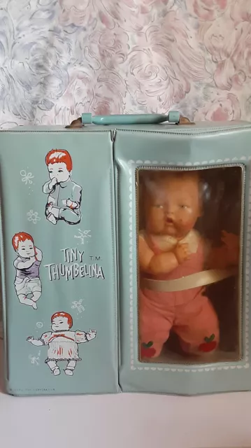 1960s Ideal Tiny Thumbelina Baby Doll 14" Turn Knob Head Moves w Case + Clothes+