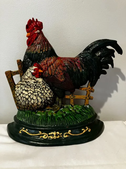 Cast Iron Rooster And Hen Door Stop Vintage Antique Hand Painted Farm  12"