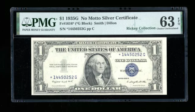 DBR $1 1935-G Silver STAR Fr. 1616* No Motto PMG 63 EPQ Serial *14450252G