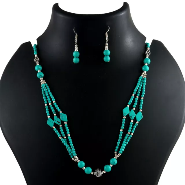 925 Sterling Silver Natural Green Turquoise Beaded Necklace With Earring Gift