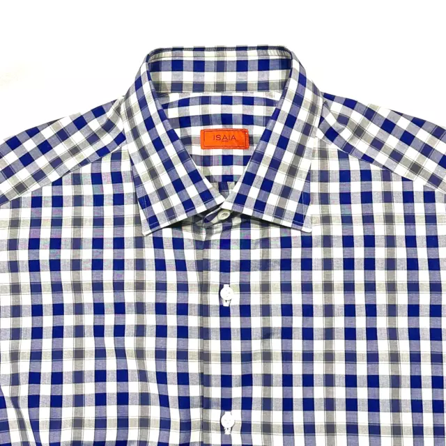 ISAIA Parma Mix Fit Blue White Gray Gingham Cotton Dress Shirt 15.5/34 NWT $540