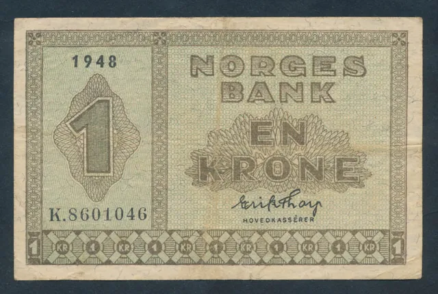 Norway: 1948 1 Krone Signature Thorp "Prefix K". Pick 15b CRISP VF