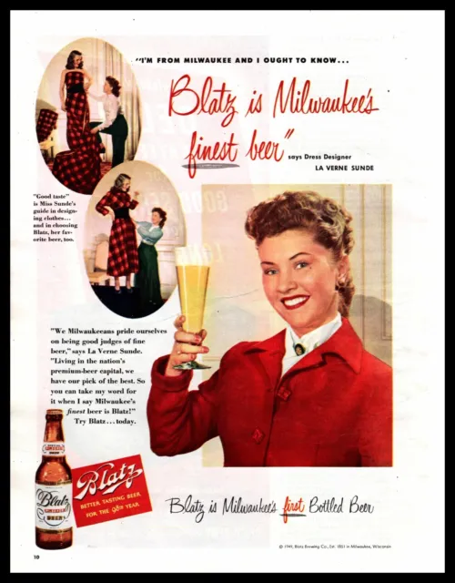 1949 Blatz Milwaukee's Finest Beer Says La Verne Sunde Dress Designer Print Ad