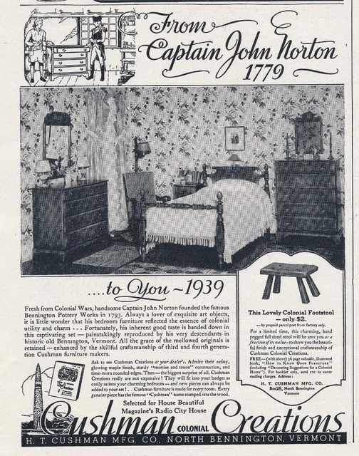 MAGAZINE AD 1939 Cushman Colonial Creatios Furniture Bennington