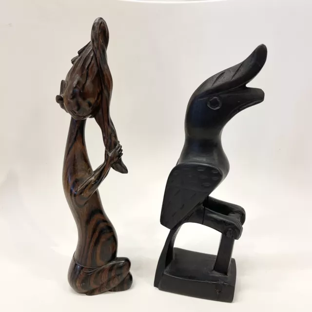 Pair of Hand Carved Wooden African Tribal Folk Art Statues Wood Figurines