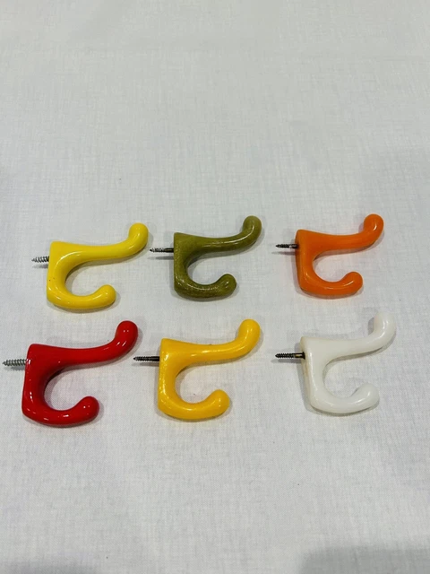 Vintage Porcelain & Plastic Screw In Wall Hooks Yellow Red Green Orange White