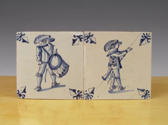 Antique Pair of Dutch Delft Tile Musketeer Drummer+Musket Circa 1625-1650