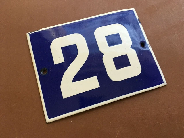 ANTIQUE VINTAGE FRENCH ENAMEL SIGN HOUSE NUMBER 28 DOOR GATE SIGN BLUE 1950's