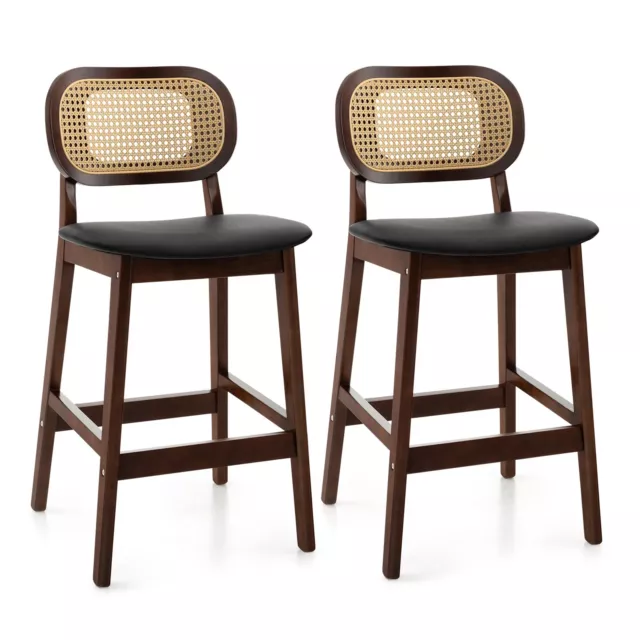 Set of 2 Bar Stools Dining Counter Height Chair Padded Seat With Rattan Backrest
