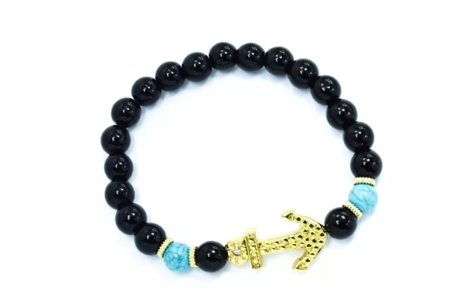 Mens Ladies Black Beaded Bead Gold Anchor Bracelet Turquoise Elastic Stretch
