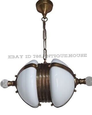 Antique Old Vintage Art Deco Fixture Ceiling Brass Hanging Light Milk Glass Lamp