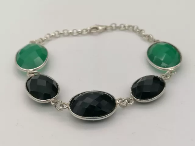 Femme Bracelet Argent 925 Avec Agate Vert Et Onyx Fabriqué En Italie