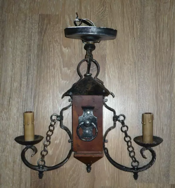 Vintage Wood Wrought Iron Ceiling Light Mission Craftsman Revival Style Italy