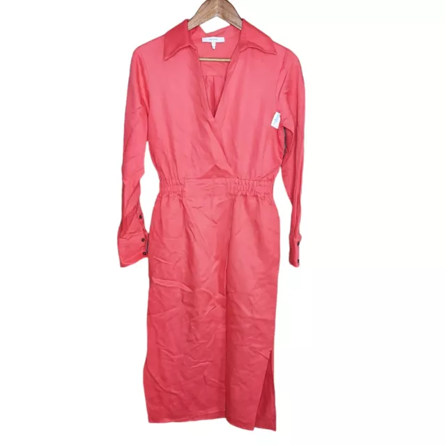 Reiss Emily Linen Blend Shirt Dress - Classic Red Midi Dress Size 8 NWOT