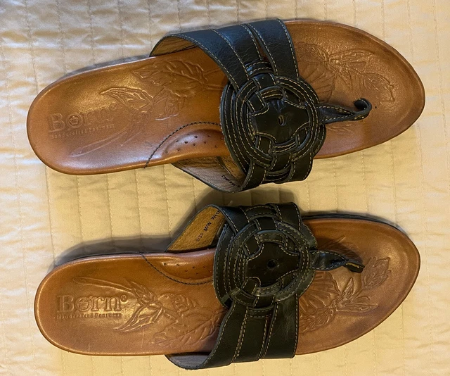 Born Leather Black Boho Flip Flops Strap Sandals Thongs Shoes Womens Size 8
