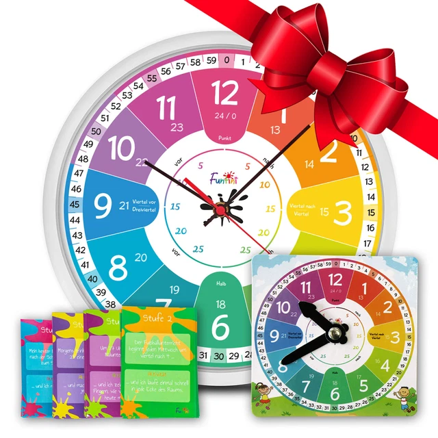 Funtini ◆ Kinder Lernuhr-Set ◆ Wanduhr lautlos Uhr Ø30cm ◆ Uhrzeit lesen lernen
