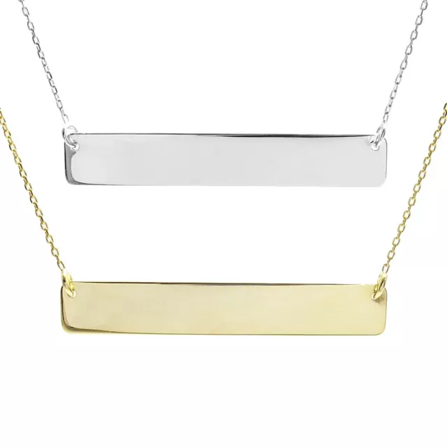 925 Sterling Silver Engraved Rectangule Bar Pendant Necklace Silver-Gold Plated