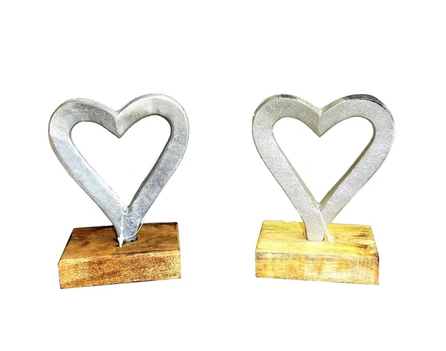 Statua Decorativa Cuore Figura Legno Metallo Argento Rialzo 12 CM