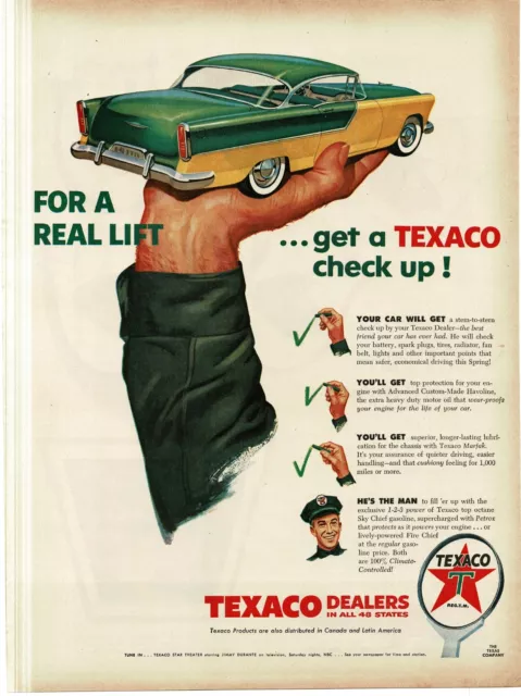 1956 Texaco Dealers get a check-up car in giant hand art Vintage Print Ad