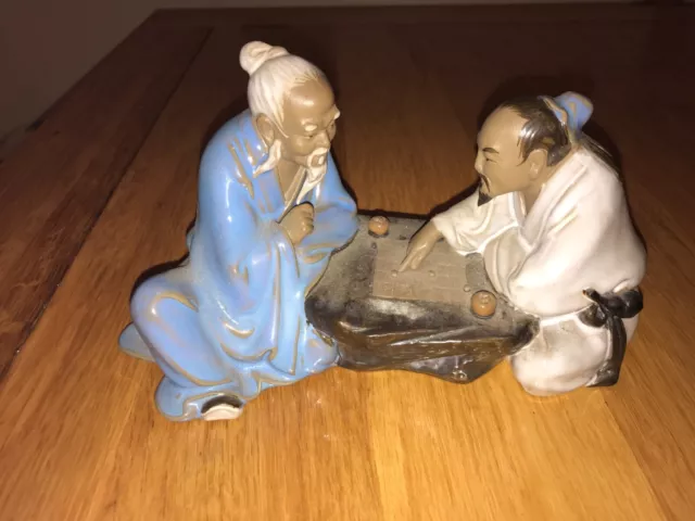 Chinese Mudman Shiwan Pottery Two Men Playing Wanjiang Board Game