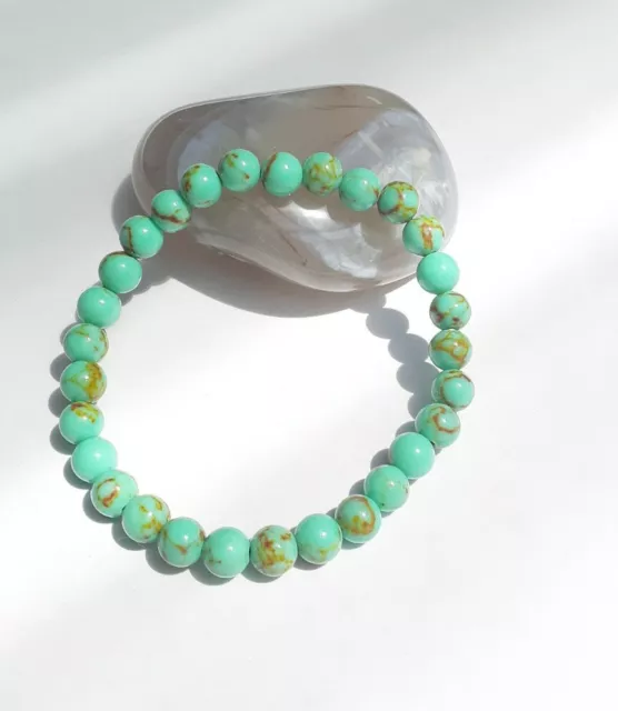 Green Howlite Gemstone Bracelet 6mm stones, Stretchy 18cm, Handmade, Free post