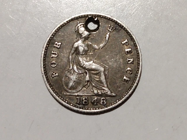 1848 GREAT BRITAIN 4 PENCE SILVER  COIN holed TONING GROAT VICTORIA