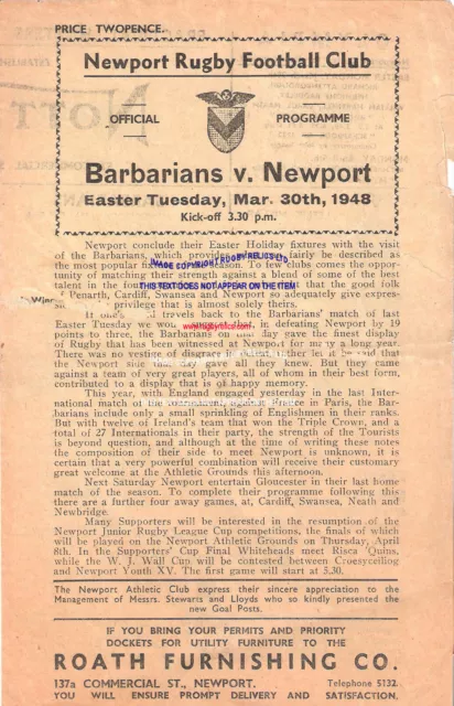 Newport v Barbarians 30 Mar 1948 RUGBY PROGRAMME