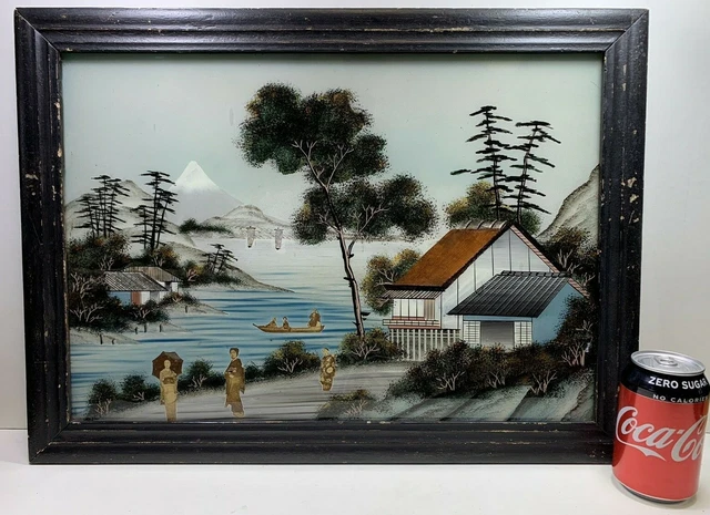 ANTIQUE MEIJI PERIOD Japanese Reverse Glass Paintings Mount Fuji £75.00 ...
