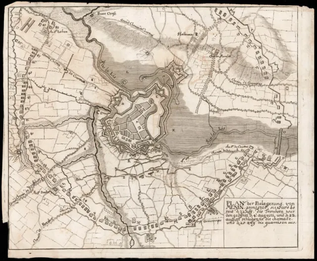 Belgien - Belagerung von Menin  Kupferstich  Merian  Stadtplan 1718
