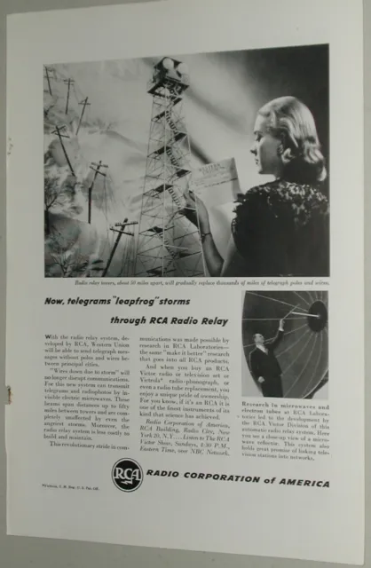 1946 RCA advertisement, Radio Corp. of America, early Microwave Relay tower