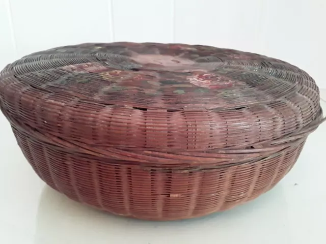 Vtg Hand Painted Round Brown Wicker Sewing Basket Lid w Faded Roses Cottagecore
