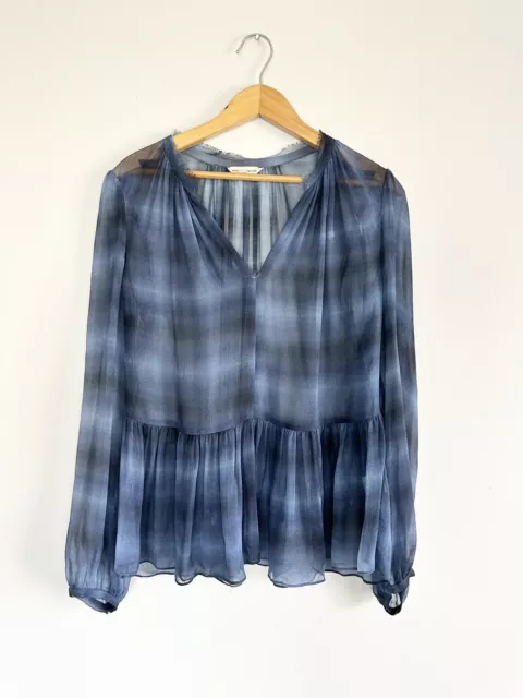 Rebecca Taylor Silk Blouse Women’s Size 6 Bishop Sleeve Blue Sheer Long Sleeve