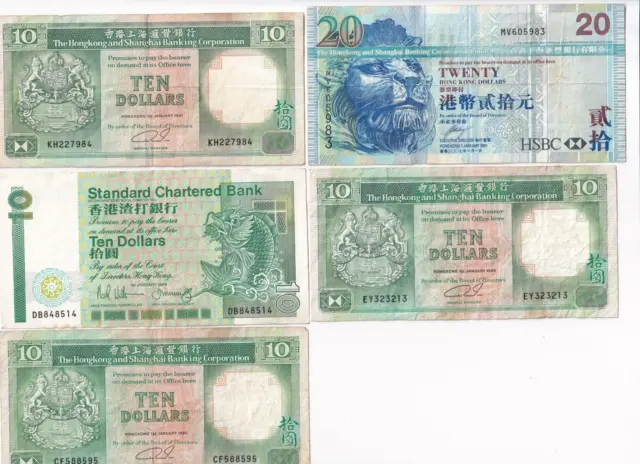 Lot 5 banknotes Hong Kong Dollars 1989-2007 VF