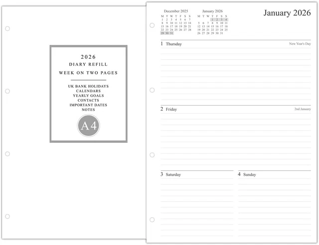 2026 DIARY REFILL A4 Size, Week on Two Pages, Compatible (210 x 297mm ...