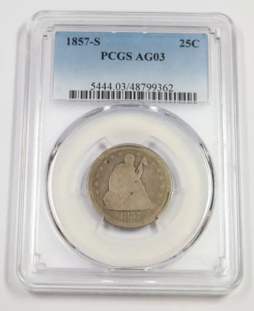 1857 S PCGS AG03 - Seated Liberty Quarter - 25c Twenty Five Cent US Coin #48540B