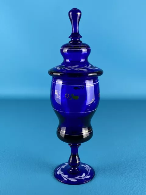 Antico Vaso Veneziano In Vetro Blu Contenitore Da Farmacia Con Dipinti XX Sec.