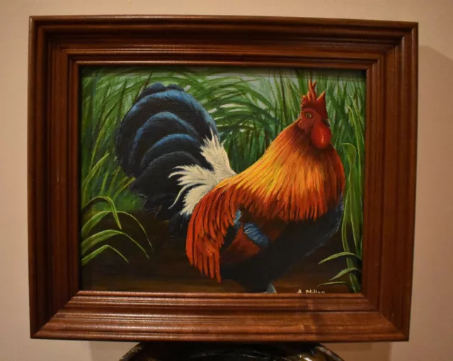 Oil Painting Rooster of Many Colors Walnut Wood Frame Signed and Sold Folk Art