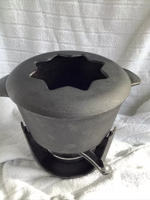 Vintage Black Heavy Cast Iron Fondue Pot