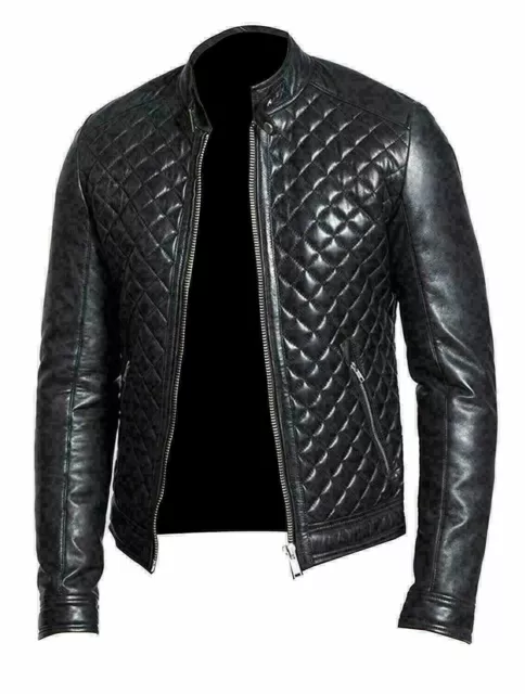 Men's Real Leather Quilted Jacket Motorcycle Slim Biker Leather Jacket NFS 502