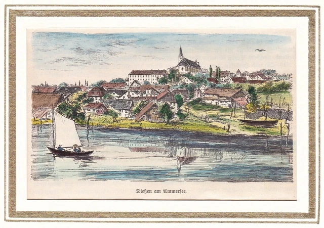 Dießen am Ammersee LK Landsberg am Lech Bayern Ansicht Holzstich woodcut 1880