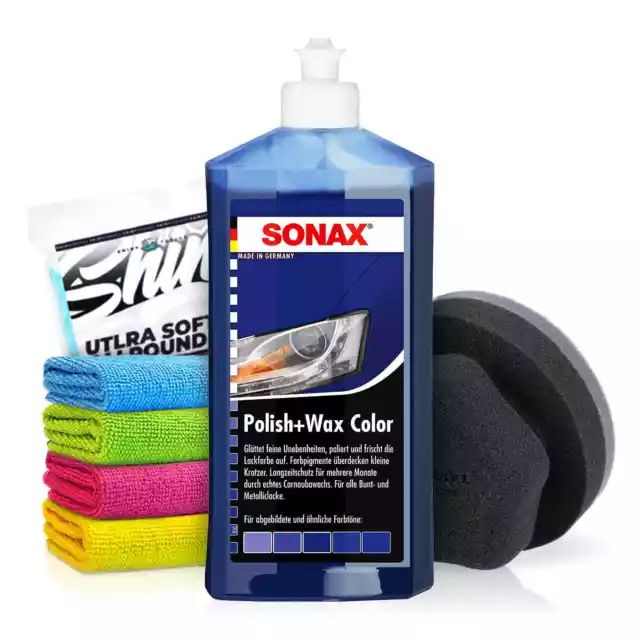 Auto Politur SONAX Polish+Wax Color blau 500ml + Applikator + Mikrofasertuch