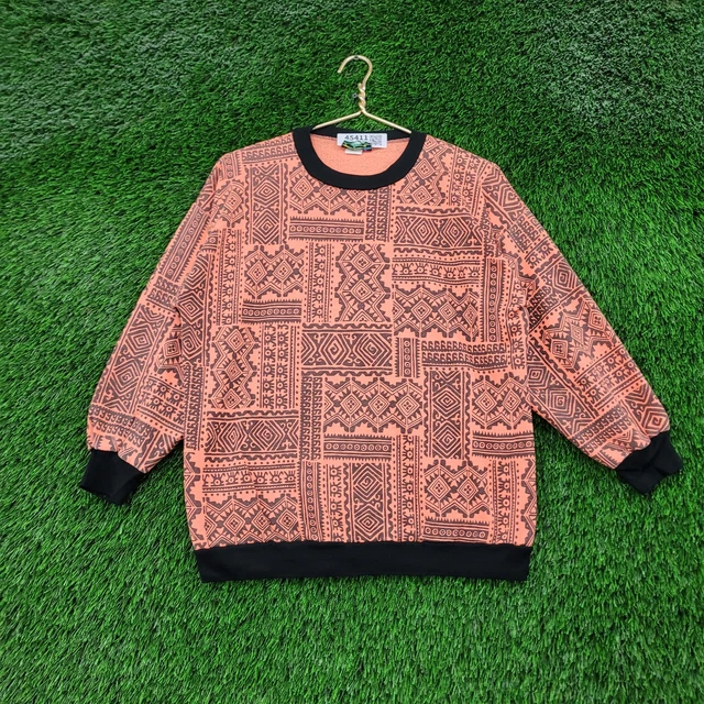 Vintage 90s Tribal Blank Aztec Art Sweatshirt Womens Large Orange Black Ringer