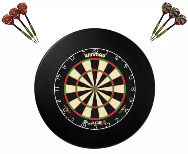 Winmau Blade 6 Dart Board + Winmau Black Surround + Darts Set Gift