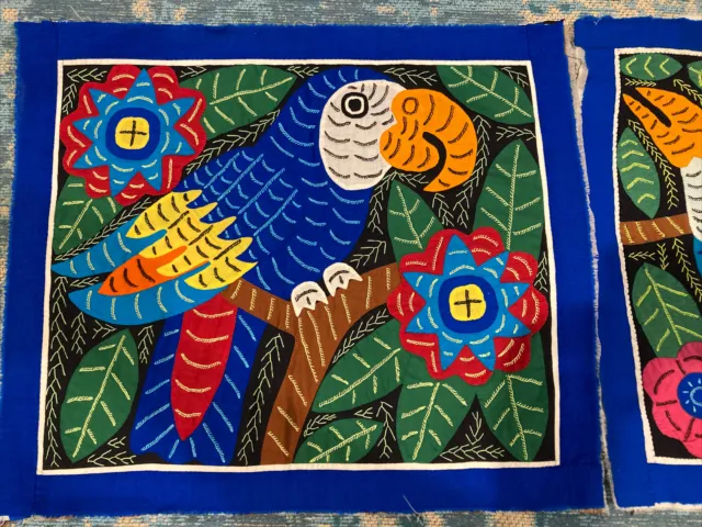 Vintage Panama Kuna Folk Art Parrot Bird Hand Stitched Appliqué Embroidery X 2